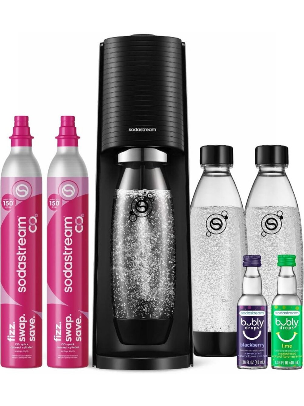 Sparkling Water Maker Bundle, CO2 System, 2 Quick Connect Cylinders, 3 BPA-Free